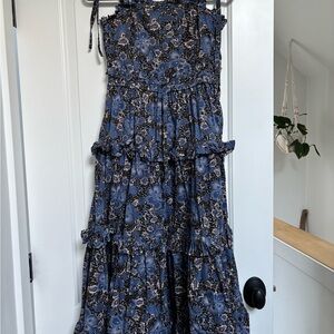 Ulla Johnson Blue and Black Floral Dress sz small 6 sleeveless midi